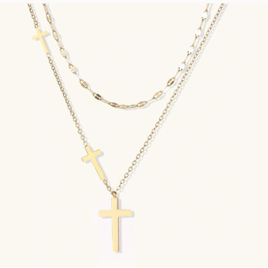 14K Gold Plated Layered Cross Necklace, Minimalist Faith Jewelry, Tarnish-Resistant Stainless Steel