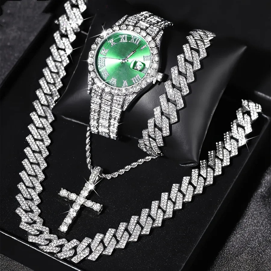 Luxury Men's Iced-Out Quartz Watch & Cuban Link 4-Piece Set
