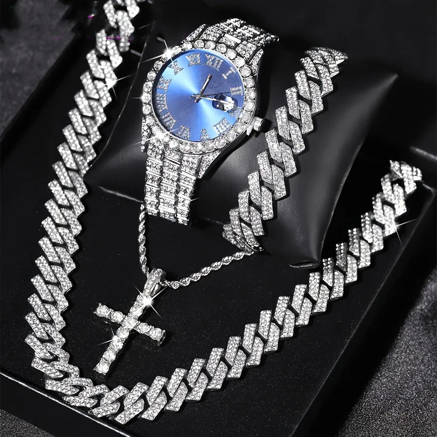 Luxury Men's Iced-Out Quartz Watch & Cuban Link 4-Piece Set