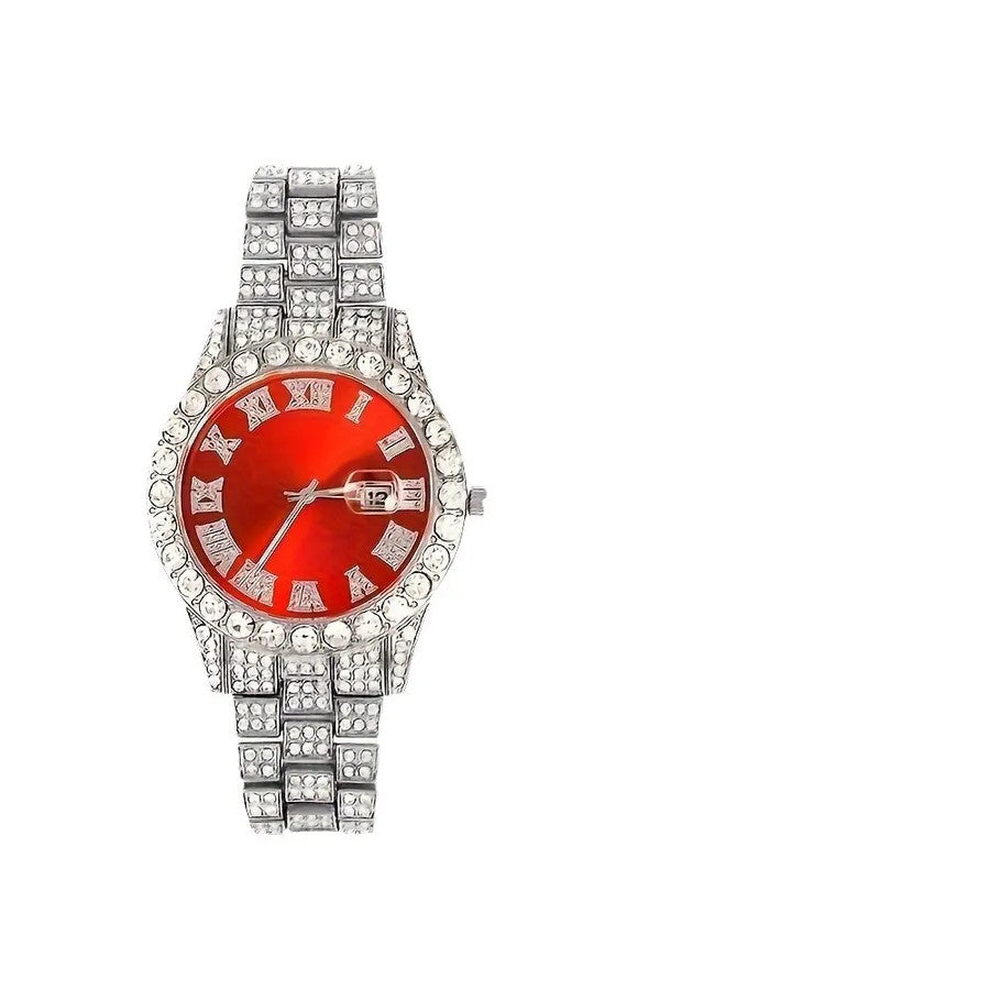 Luxury Men's Iced-Out Quartz Watch & Cuban Link 4-Piece Set