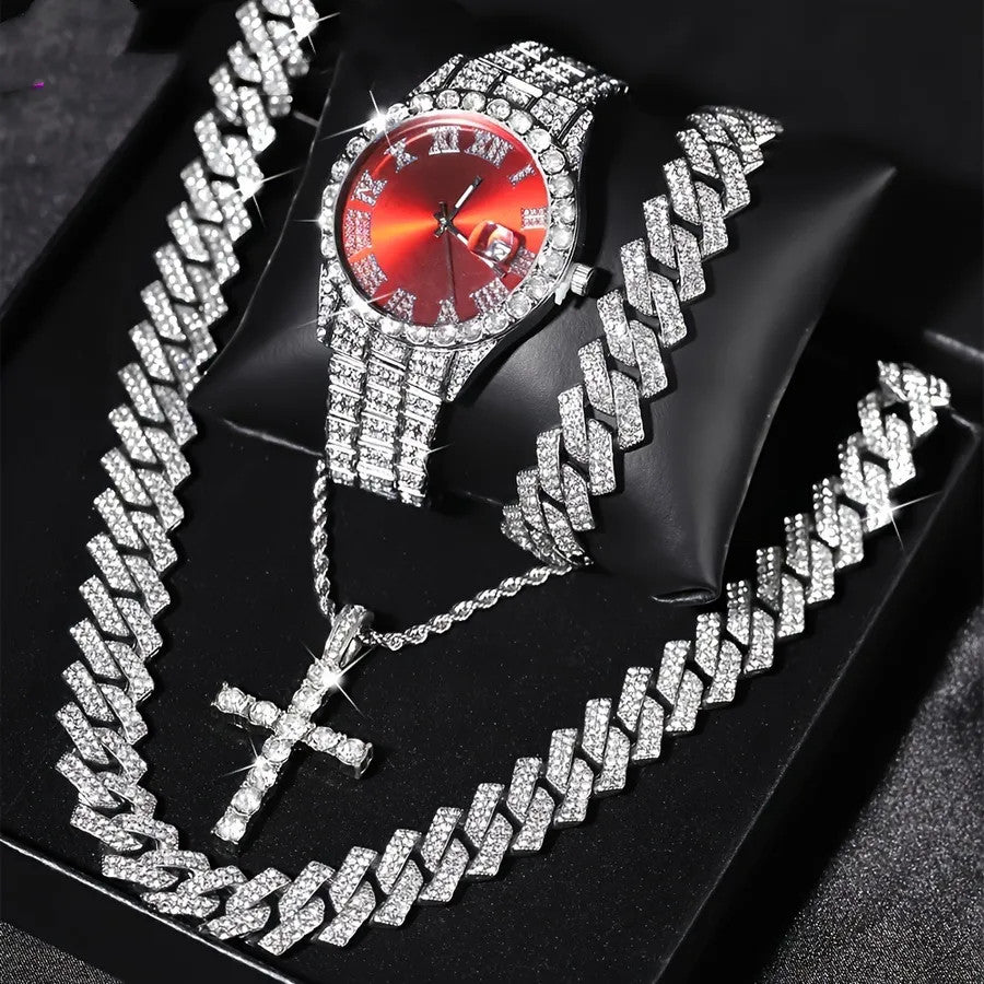 Luxury Men's Iced-Out Quartz Watch & Cuban Link 4-Piece Set