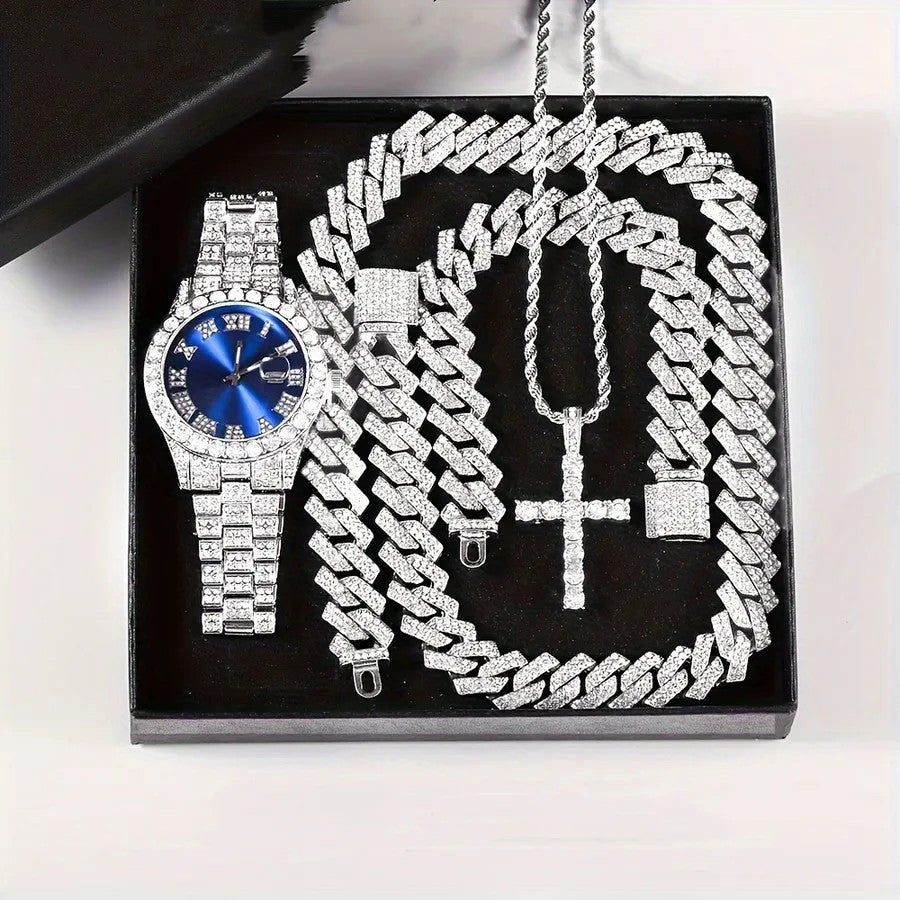 Luxury Men's Iced-Out Quartz Watch & Cuban Link 4-Piece Set