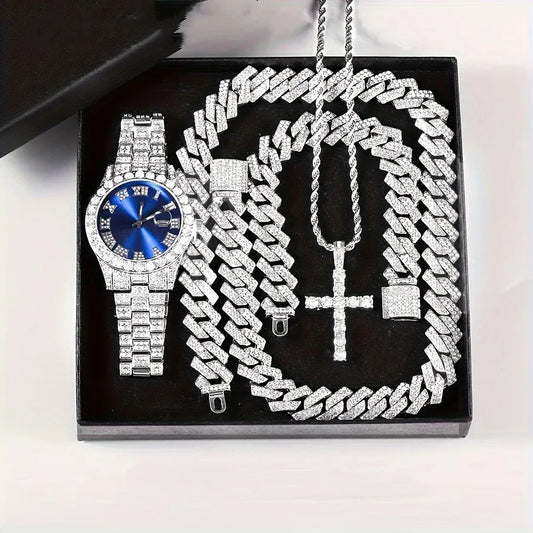 Luxury Men's Iced-Out Quartz Watch & Cuban Link 4-Piece Set