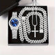Luxury Men's Iced-Out Quartz Watch & Cuban Link 4-Piece Set
