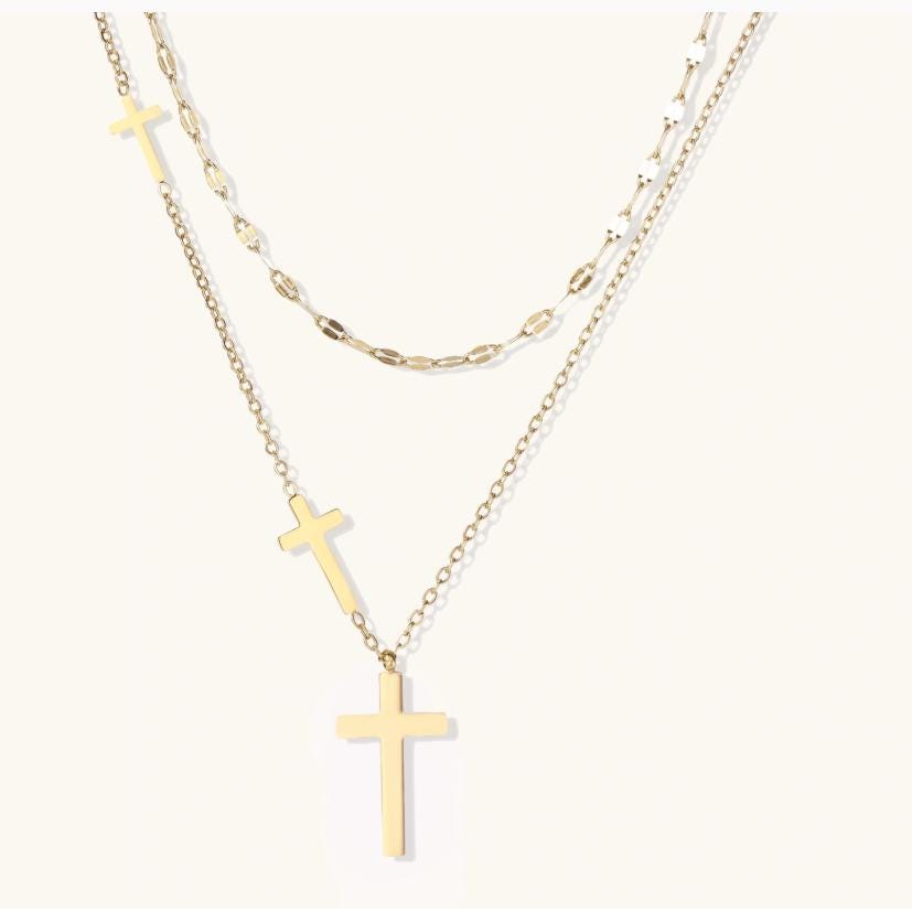 14K Gold Plated Layered Cross Necklace, Minimalist Faith Jewelry, Tarnish-Resistant Stainless Steel