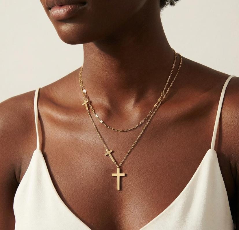 14K Gold Plated Layered Cross Necklace, Minimalist Faith Jewelry, Tarnish-Resistant Stainless Steel