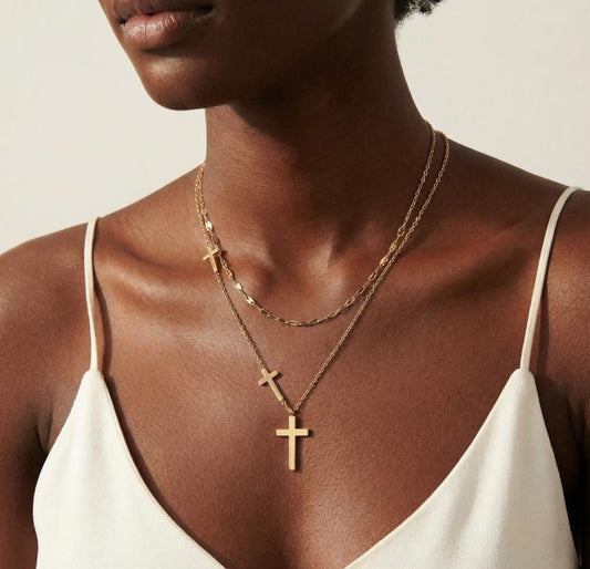 14K Gold Plated Layered Cross Necklace, Minimalist Faith Jewelry, Tarnish-Resistant Stainless Steel