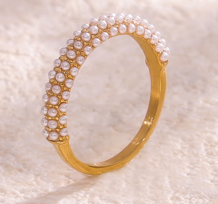 18K Gold PVD Pearl Ring • Unisex Titanium Steel Band • Minimalist Geometric Gold Ring